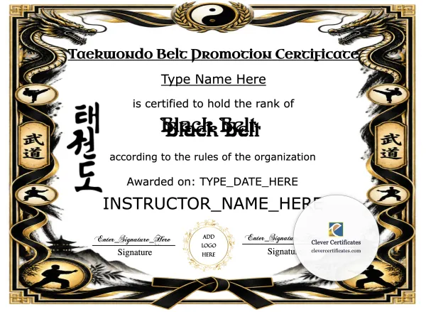 Free Taekwondo Belt Promotion Certificate — Landscape