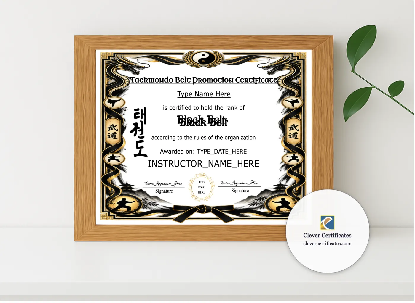 Realistic mockup featuring Taekwondo Belt Promotion Certificate Landscape displayed within a modern frame, set against a minimalistic background.