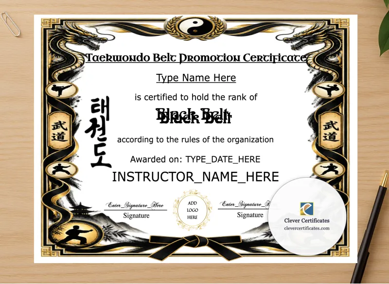 Professional preview of Taekwondo Belt Promotion Certificate Landscape certificate on high-quality stationery paper, ideal for showcasing the final look.