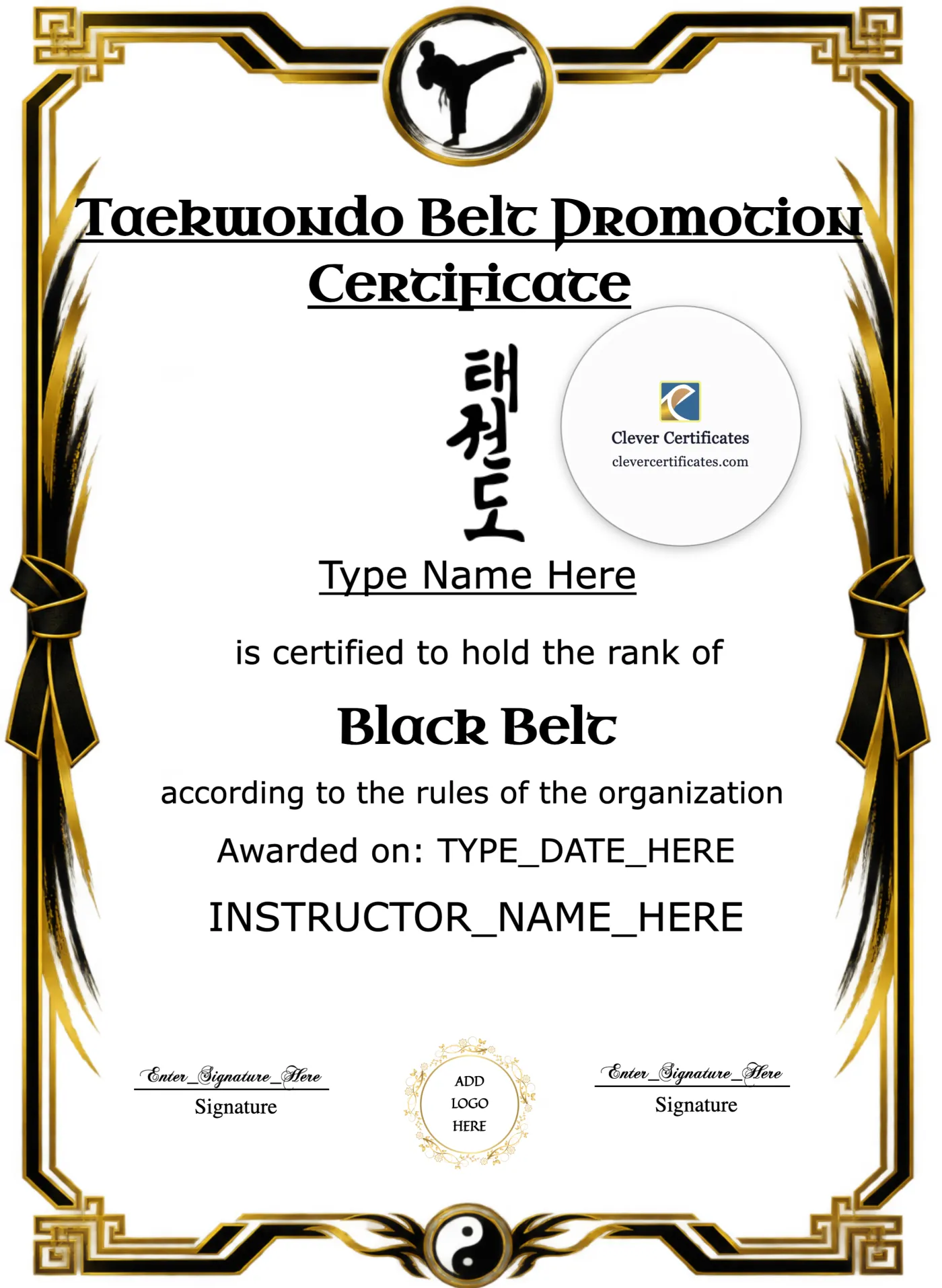 Taekwondo Belt Promotion Certificate Portrait — Certificate Template Preview