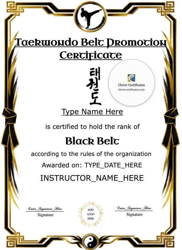 Taekwondo Belt Promotion Certificate Portrait — Certificate Template Preview