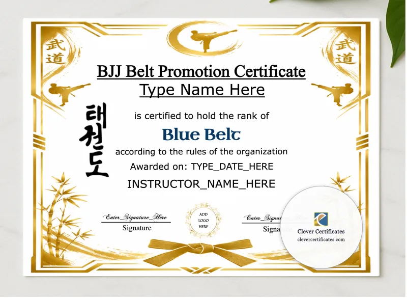 BJJ Blue Belt Certificate presented in a sleek wooden frame, elegantly arranged on a stylish table.