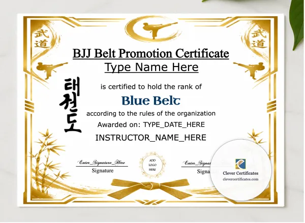 BJJ Blue Belt Certificate presented in a sleek wooden frame, elegantly arranged on a stylish table.