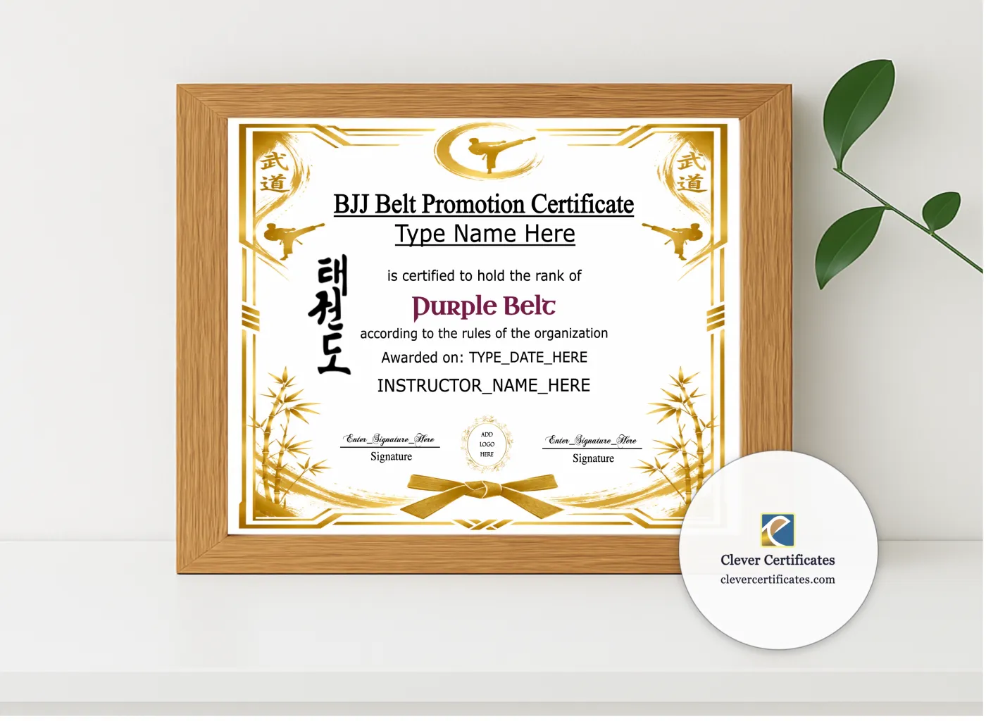 Realistic mockup featuring BJJ Purple Belt Certificate displayed within a modern frame, set against a minimalistic background.