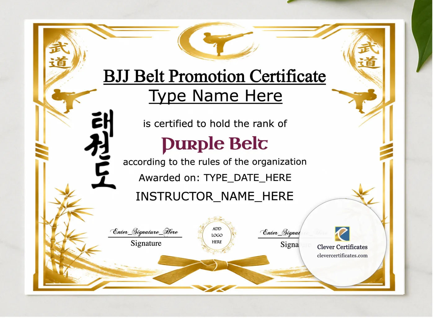 BJJ Purple Belt Certificate presented in a sleek wooden frame, elegantly arranged on a stylish table.