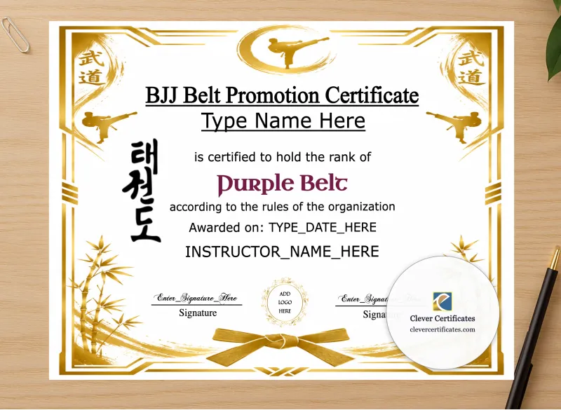 Professional preview of BJJ Purple Belt Certificate certificate on high-quality stationery paper, ideal for showcasing the final look.