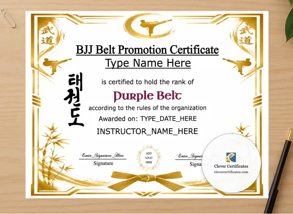 Professional preview of BJJ Purple Belt Certificate certificate on high-quality stationery paper, ideal for showcasing the final look.