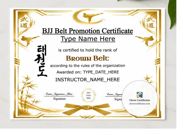 BJJ Brown Belt Certificate presented in a sleek wooden frame, elegantly arranged on a stylish table.