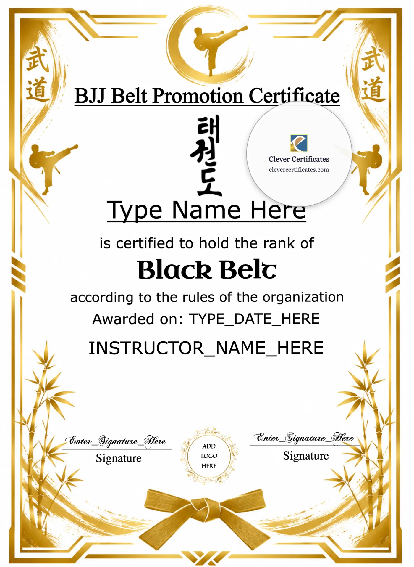 BJJ Belt Promotion Certificate Portrait — Certificate Template Preview
