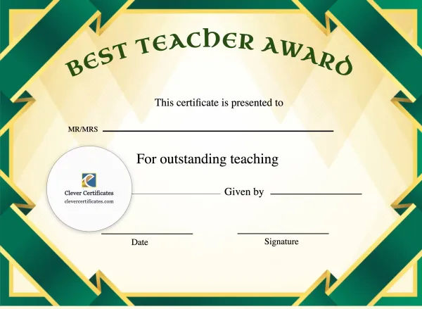 Free Best Teacher Award Certificate — Landscape