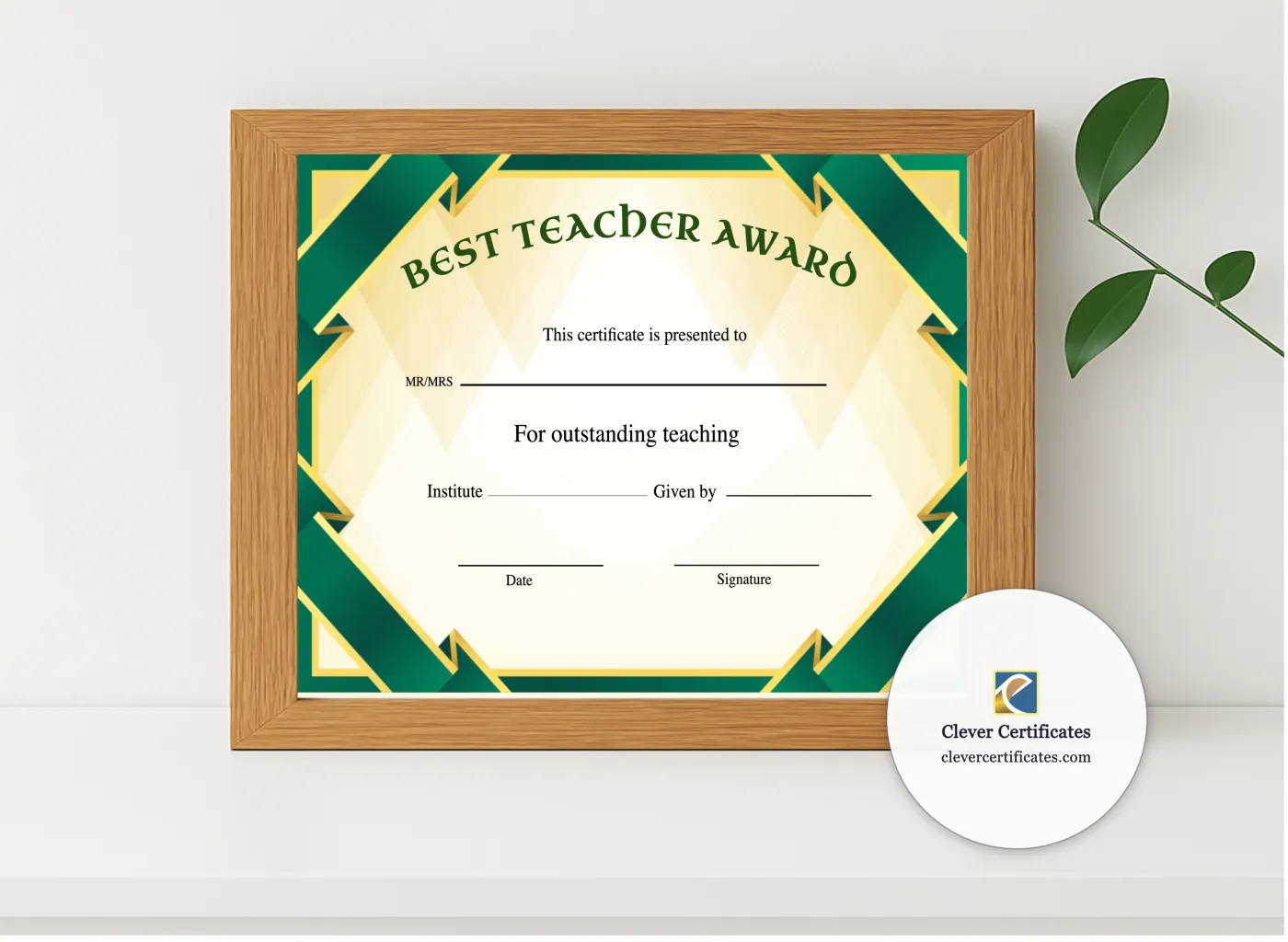 Realistic mockup featuring Best Teacher Award Certificate Landscape displayed within a modern frame, set against a minimalistic background.