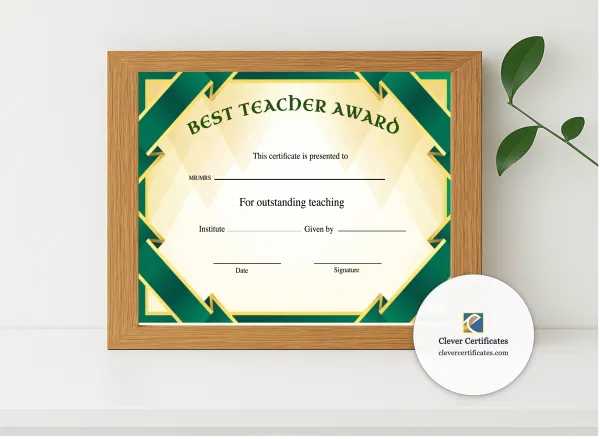 Realistic mockup featuring Best Teacher Award Certificate Landscape displayed within a modern frame, set against a minimalistic background.