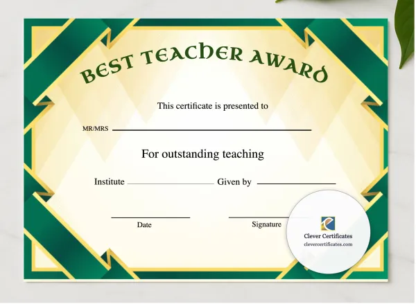 Best Teacher Award Certificate Landscape presented in a sleek wooden frame, elegantly arranged on a stylish table.