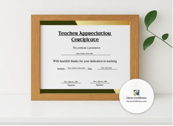 Realistic mockup featuring Teacher Appreciation Certificate Landscape displayed within a modern frame, set against a minimalistic background.