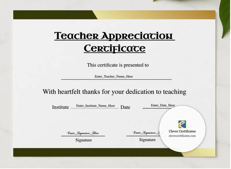Teacher Appreciation Certificate Landscape presented in a sleek wooden frame, elegantly arranged on a stylish table.