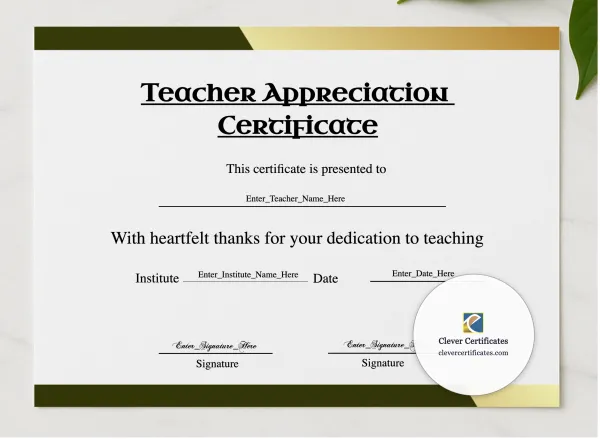Teacher Appreciation Certificate Landscape presented in a sleek wooden frame, elegantly arranged on a stylish table.