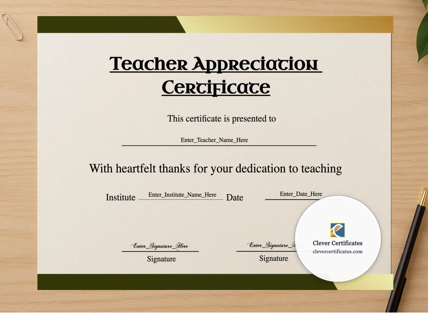 Professional preview of Teacher Appreciation Certificate Landscape certificate on high-quality stationery paper, ideal for showcasing the final look.