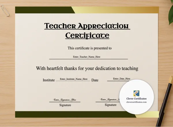 Professional preview of Teacher Appreciation Certificate Landscape certificate on high-quality stationery paper, ideal for showcasing the final look.
