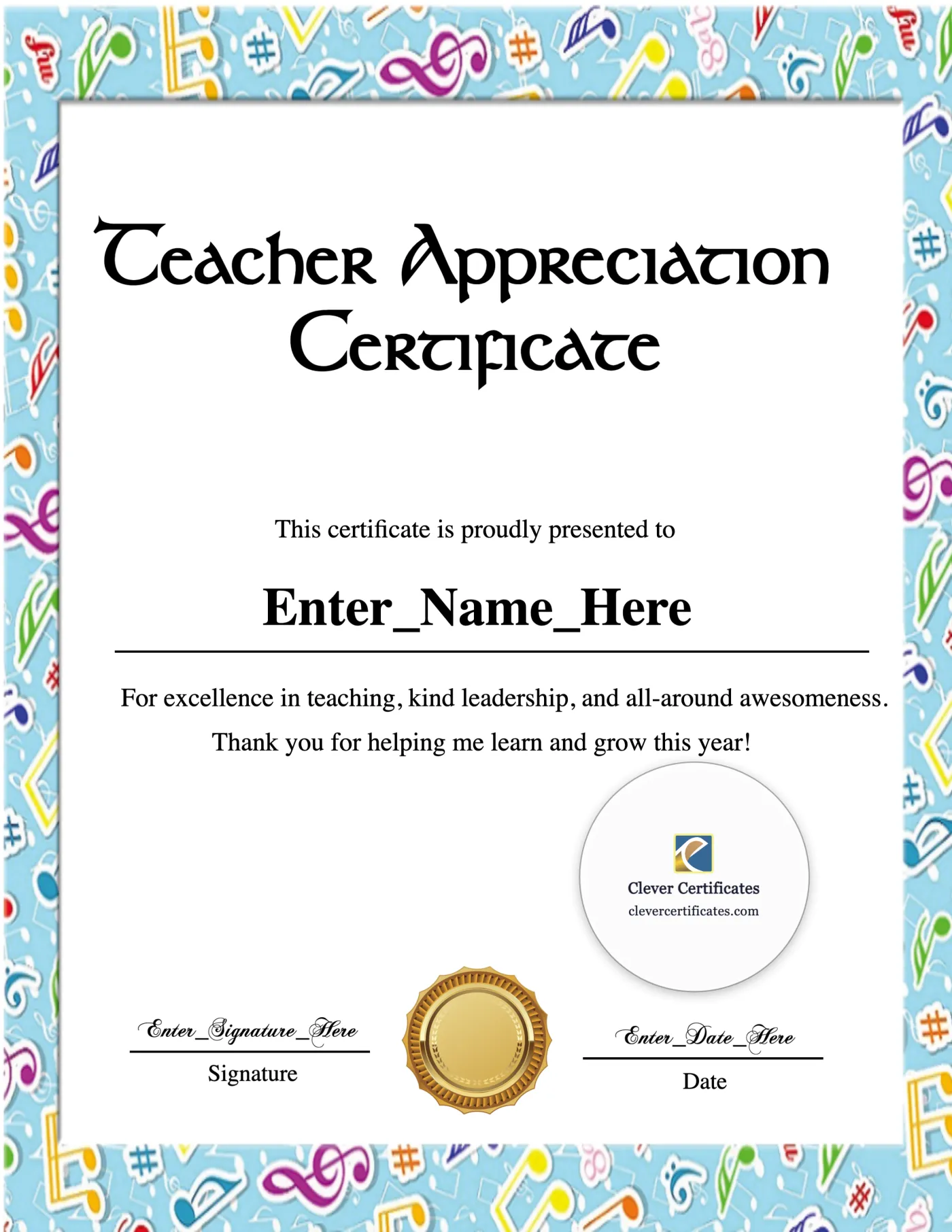 Teacher Appreciation Certificate Portrait — Certificate Template Preview