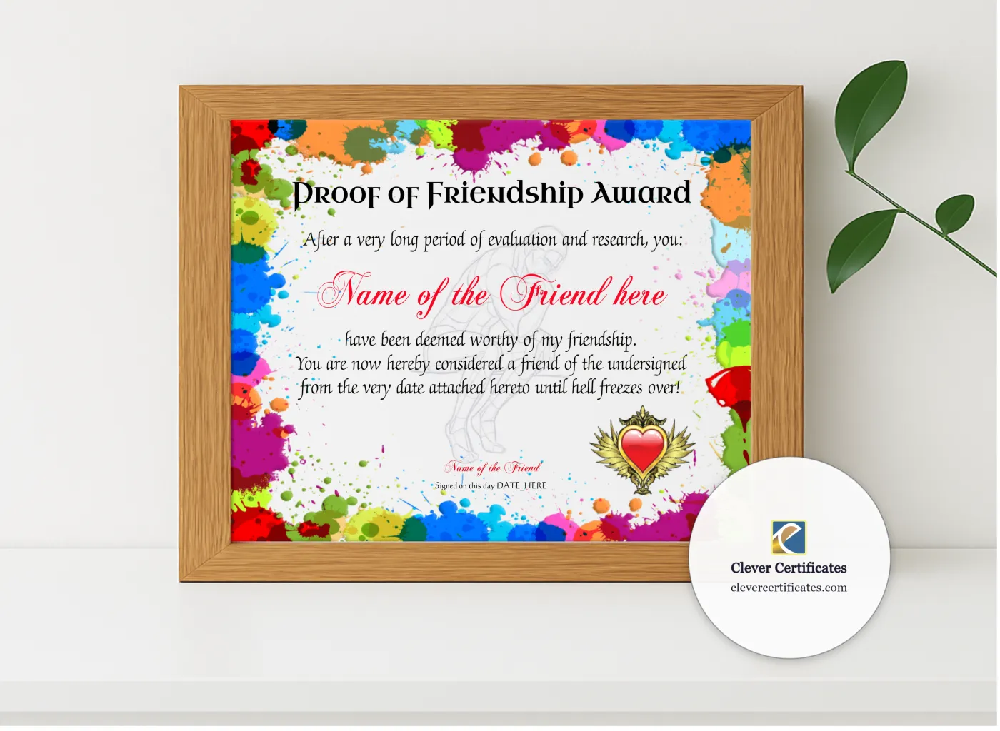 Realistic mockup featuring Proof Of Friendship Award displayed within a modern frame, set against a minimalistic background.