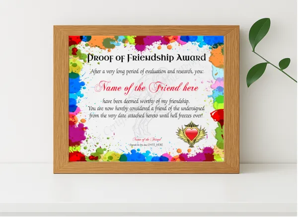 Realistic mockup featuring Proof Of Friendship Award displayed within a modern frame, set against a minimalistic background.