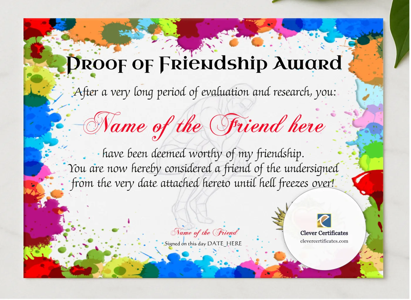 Proof Of Friendship Award presented in a sleek wooden frame, elegantly arranged on a stylish table.
