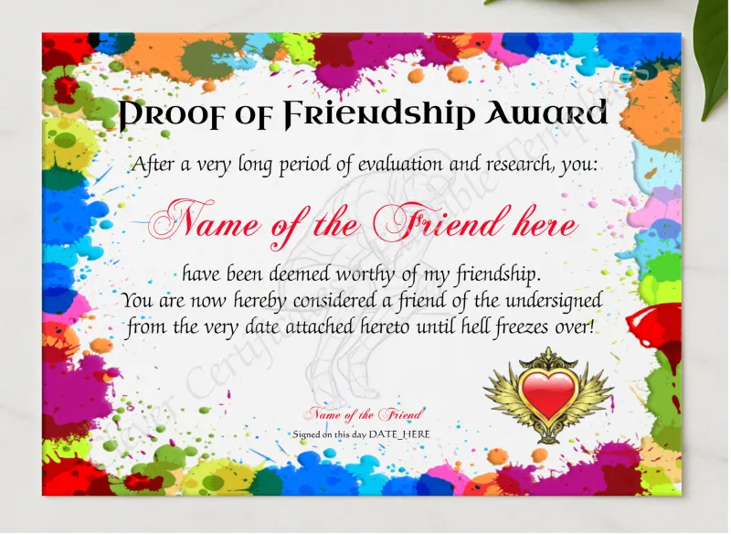 Proof Of Friendship Award presented in a sleek wooden frame, elegantly arranged on a stylish table.