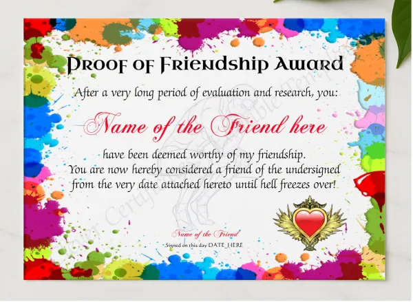 Proof Of Friendship Award presented in a sleek wooden frame, elegantly arranged on a stylish table.
