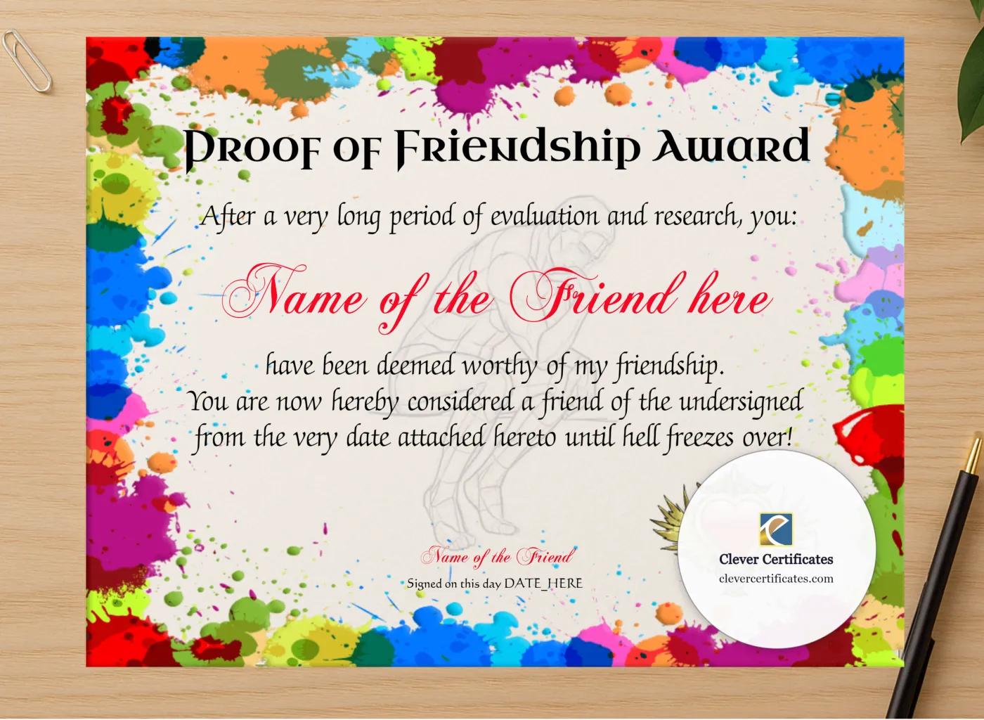 Professional preview of Proof Of Friendship Award certificate on high-quality stationery paper, ideal for showcasing the final look.