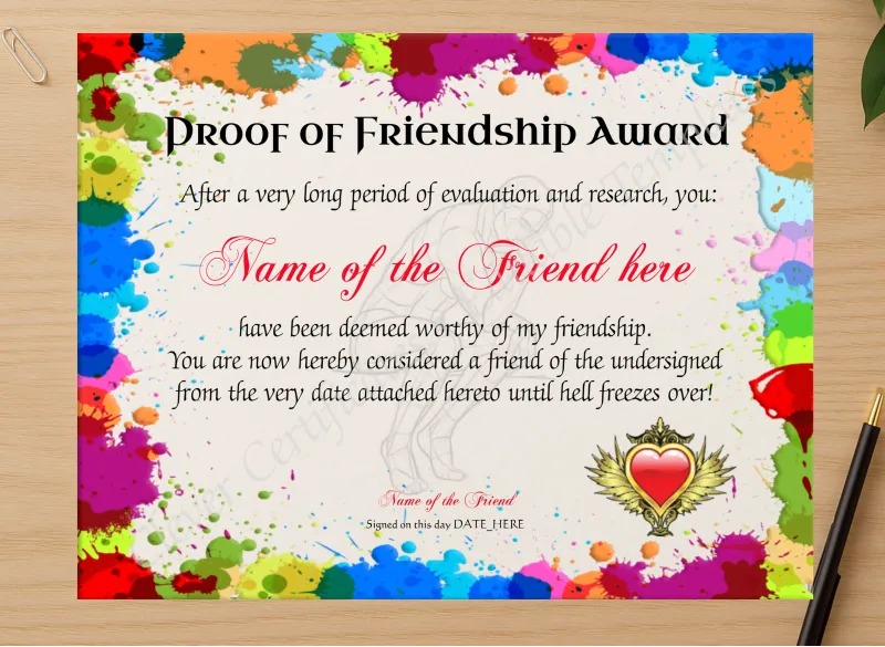 Professional preview of Proof Of Friendship Award certificate on high-quality stationery paper, ideal for showcasing the final look.