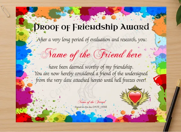 Professional preview of Proof Of Friendship Award certificate on high-quality stationery paper, ideal for showcasing the final look.