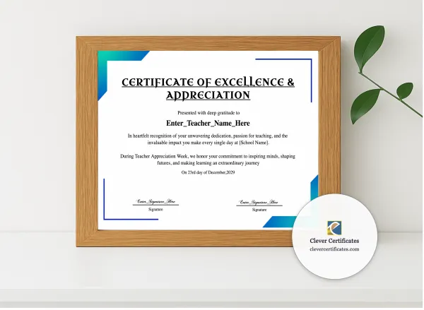 Realistic mockup featuring Teacher Appreciation Week Certificate displayed within a modern frame, set against a minimalistic background.