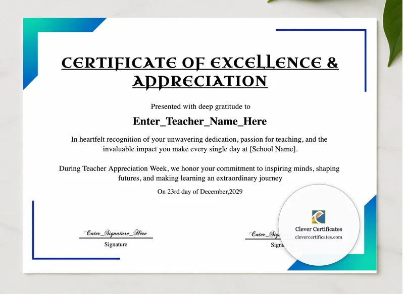 Teacher Appreciation Week Certificate presented in a sleek wooden frame, elegantly arranged on a stylish table.