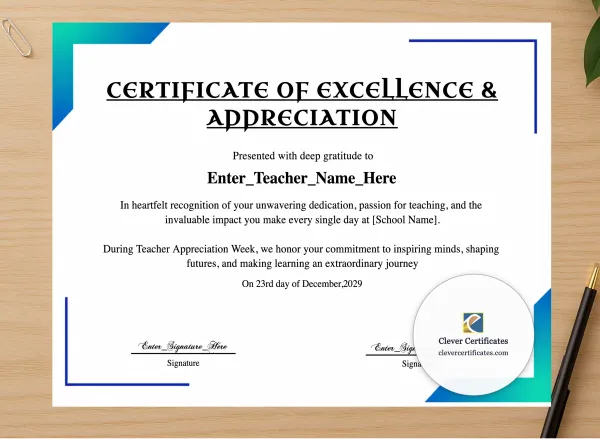 Professional preview of Teacher Appreciation Week Certificate certificate on high-quality stationery paper, ideal for showcasing the final look.