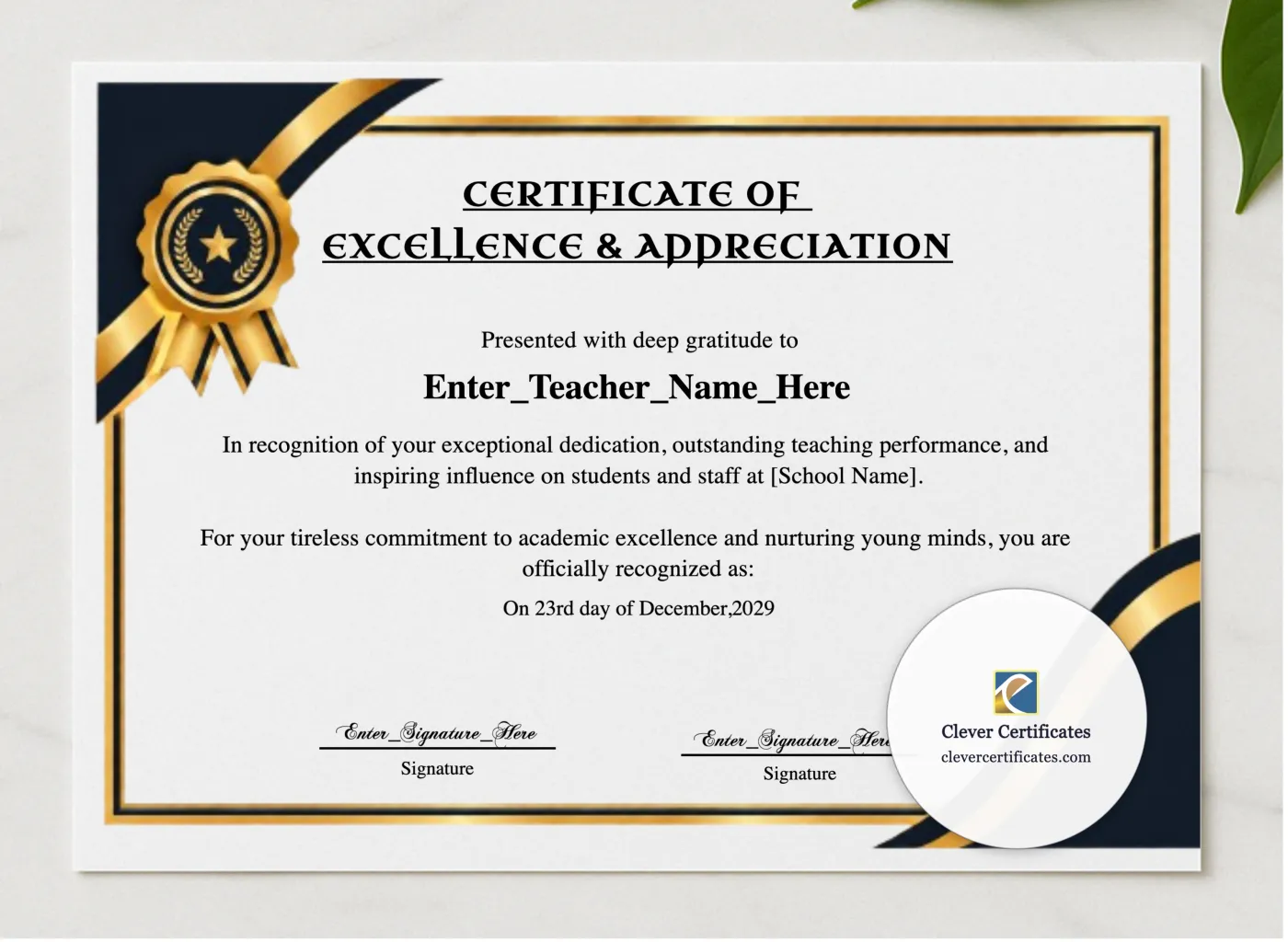 Teacher Of The Month Certificate presented in a sleek wooden frame, elegantly arranged on a stylish table.