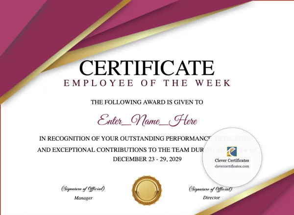 Free Employee of the Week Certificate