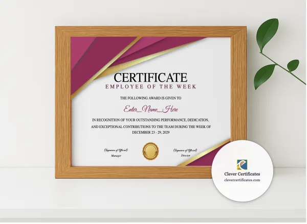 Realistic mockup featuring Employee Of The Week Certificate displayed within a modern frame, set against a minimalistic background.