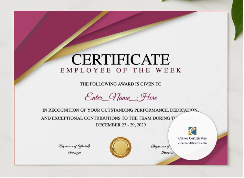 Employee Of The Week Certificate presented in a sleek wooden frame, elegantly arranged on a stylish table.