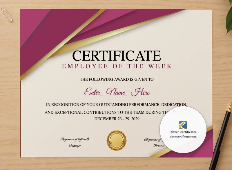 Professional preview of Employee Of The Week Certificate certificate on high-quality stationery paper, ideal for showcasing the final look.