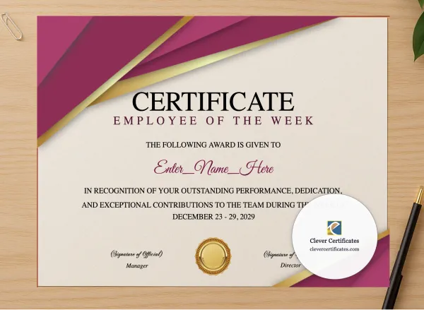 Professional preview of Employee Of The Week Certificate certificate on high-quality stationery paper, ideal for showcasing the final look.