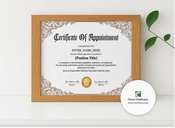 Realistic mockup featuring Employee Appointment Certificate displayed within a modern frame, set against a minimalistic background.