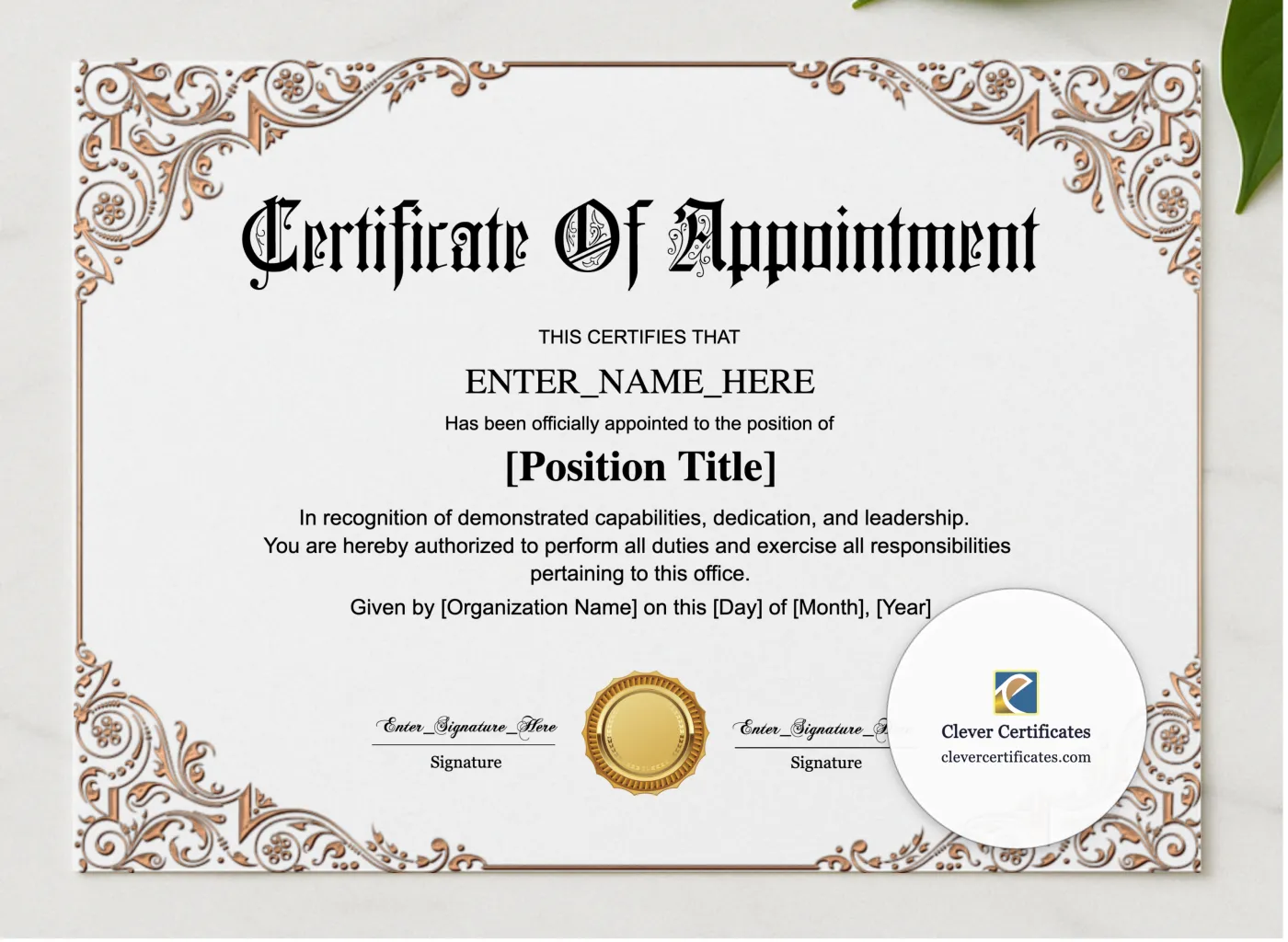 Employee Appointment Certificate presented in a sleek wooden frame, elegantly arranged on a stylish table.
