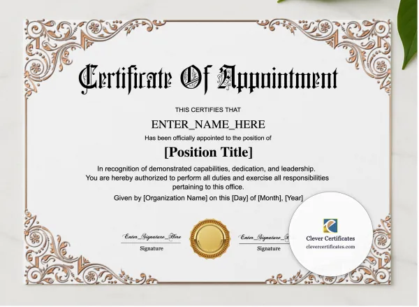 Employee Appointment Certificate presented in a sleek wooden frame, elegantly arranged on a stylish table.