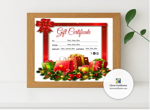 Realistic mockup featuring Christmas Gift Certificate displayed within a modern frame, set against a minimalistic background.