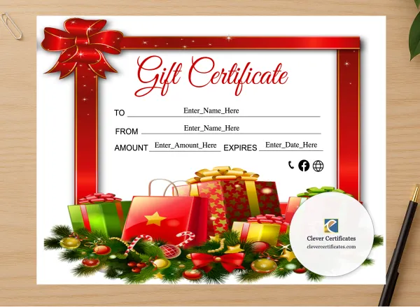 Professional preview of Christmas Gift Certificate certificate on high-quality stationery paper, ideal for showcasing the final look.
