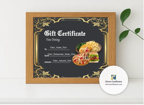 Realistic mockup featuring Restaurant Gift Certificate displayed within a modern frame, set against a minimalistic background.