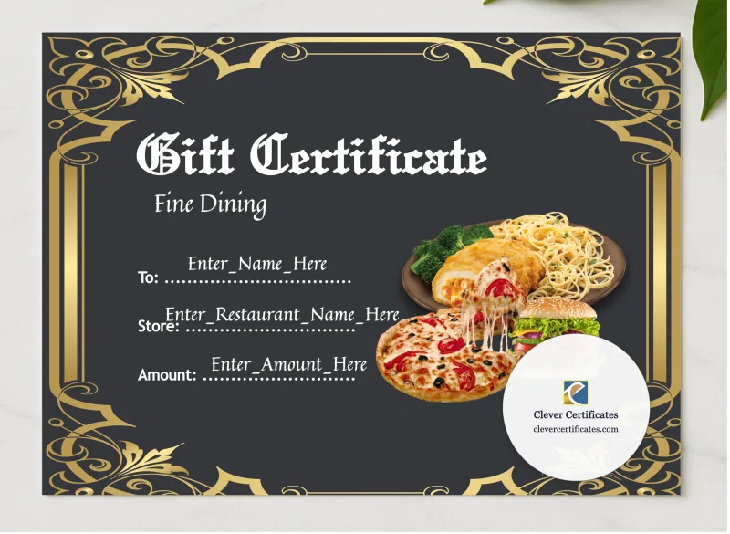 Restaurant Gift Certificate presented in a sleek wooden frame, elegantly arranged on a stylish table.