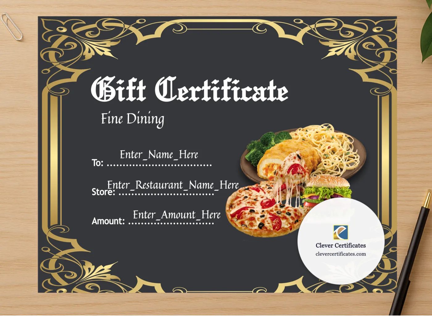 Professional preview of Restaurant Gift Certificate certificate on high-quality stationery paper, ideal for showcasing the final look.