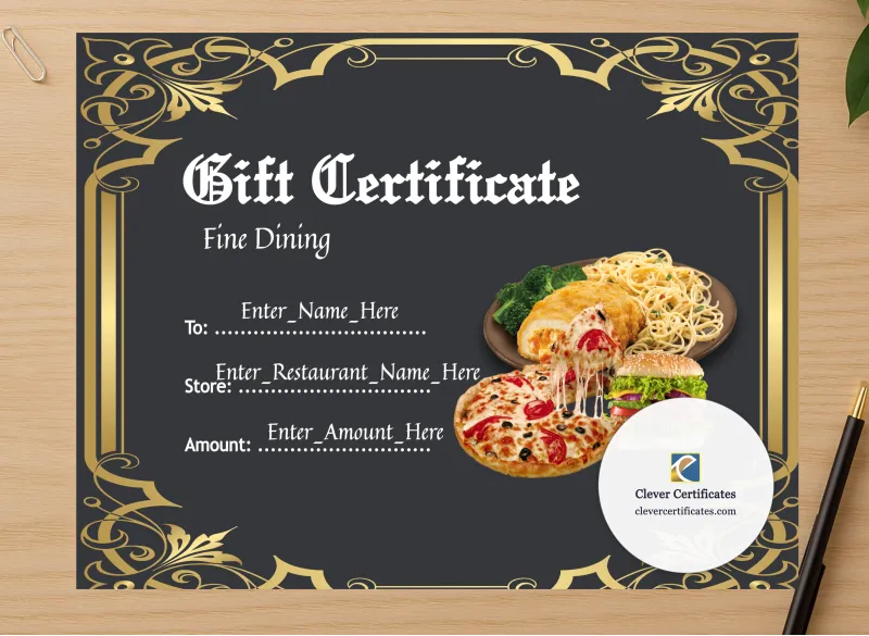 Professional preview of Restaurant Gift Certificate certificate on high-quality stationery paper, ideal for showcasing the final look.