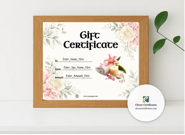 Realistic mockup featuring Spa Gift Certificate displayed within a modern frame, set against a minimalistic background.